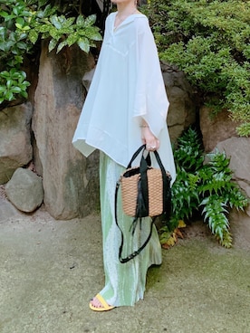 「Futier land（フューティアランド）のマーブル柄プリーツワイドパンツ（その他パンツ）」を使った、minmin08_さん（レディース・160cm）の夏コーディネート