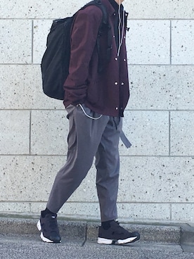 「SHAREEF（シャリーフ）のアイテム（スラックス）」を使った、せかいさん（メンズ・178cm）の秋コーディネート