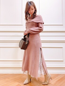 ワンピース ドレス ピンク系 を使った 冬 の人気ファッションコーディネート Wear