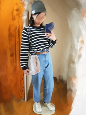 「しまむら（シマムラ）のアイテム（デニムパンツ、ブルー系）」を使った、memekirokuさん（レディース・170cm）の秋コーディネート