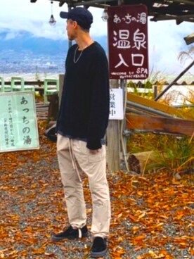 「FOG ESSENTIALS（エフオージーエッセンシャルズ）のアイテム（カーゴパンツ）」を使った、MASAHIDEさん（メンズ・180cm）の冬コーディネート