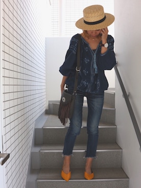 「Ungrid（アングリッド）のインディゴフレイドヘムストスリ（デニムパンツ）」を使った、asmさん（レディース・161cm）の春コーディネート