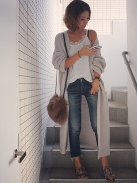 「Ungrid（アングリッド）のインディゴフレイドヘムストスリ（デニムパンツ）」を使った、asmさん（レディース・161cm）の秋コーディネート