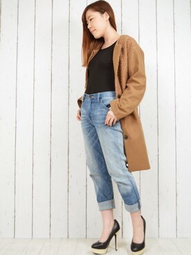 「ボーイフレンドデニム」｜「アイテム（ノーカラージャケット）」を使った、NAOさん（レディース・153cm）の冬コーディネート