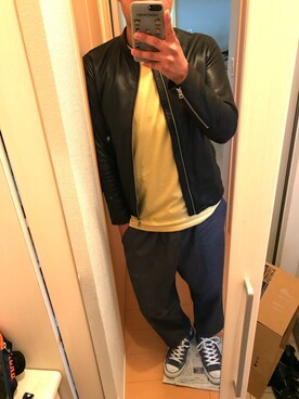 「アイテム（ライダースジャケット）」を使った、4nchaさん（メンズ・182cm・20代）の春コーディネート