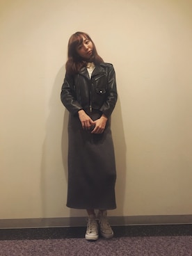 「勝田里奈」｜「アイテム（ライダースジャケット）」を使った、勝田里奈さん（レディース・160cm）の春コーディネート