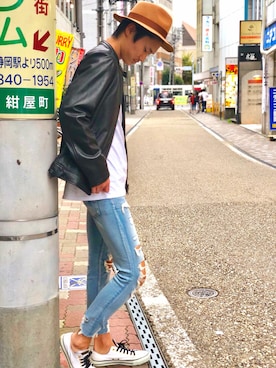 「静岡」｜「アイテム（ライダースジャケット）」を使った、RYUKIさん（メンズ・180cm）の秋コーディネート