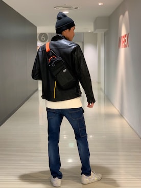 「バック」｜「アイテム（ライダースジャケット）」を使った、RYUKIさん（メンズ・180cm）の秋コーディネート