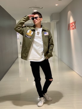 「静岡」｜「アイテム（ミリタリージャケット）」を使った、RYUKIさん（メンズ・180cm）の春コーディネート