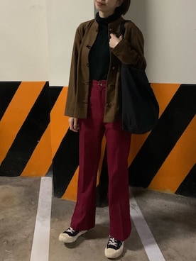 「MUJI」｜「アイテム（スラックス）」を使った、慊莫QMさん（レディース・165cm）の冬コーディネート