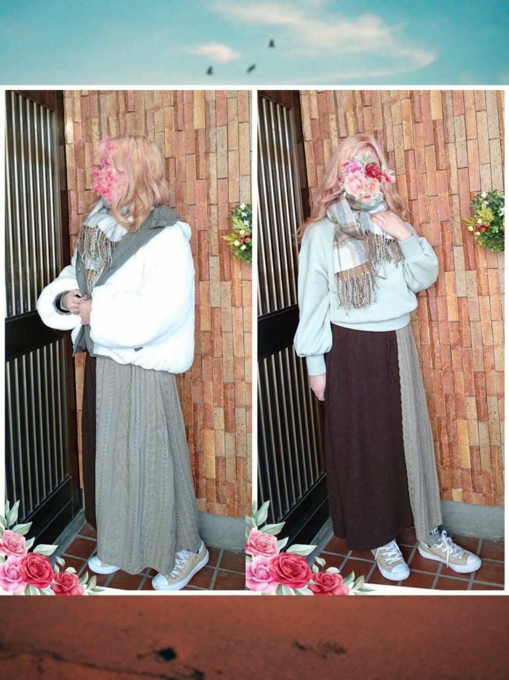「大人カジュアル、ビッグシルエット、シンプルコーデ、ミントグリーン、ブルゾン、ニットスカート、ストール、アラフォー、ぽっちゃり」｜「one after another NICE CLAUPのハートキルティングリバーシブルボアブルゾン（ブルゾン、グリーン系）」を使った、￡ukαさん（レディース・158cm）の春コーディネートの1枚目の写真