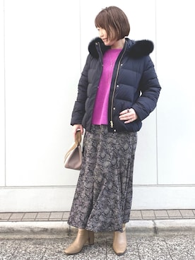 「ゆるニット」｜「アイテム（ダウンジャケット/コート）」を使った、miyabiさん（レディース・155cm）の冬コーディネート