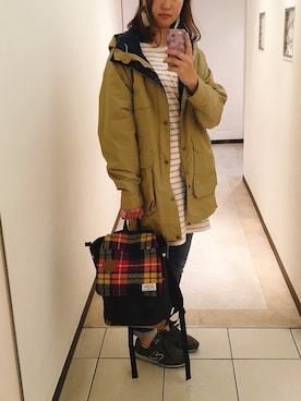 「WOOLRICH（ウールリッチ）のアイテム（モッズコート）」を使った、ししまいさん（レディース・167cm）の春コーディネート