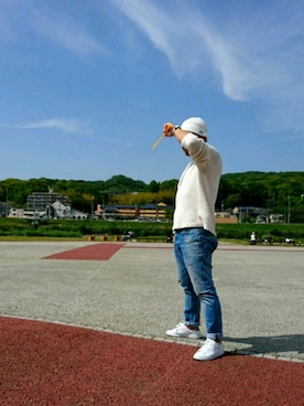 「OVERRIDE（オーバーライド）のアイテム（ニットキャップ/ビーニー、ホワイト系）」を使った、jin.kさん（メンズ・176cm）の春コーディネート
