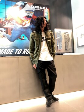 「DIESEL BLACK GOLD（ディーゼル ブラック ゴールド）のアイテム（シャツ/ブラウス、グリーン系）」を使った、Yamadamotoki1さん（メンズ・177cm）の夏コーディネート