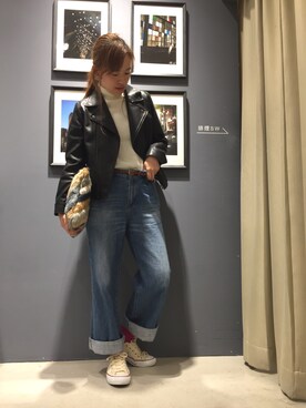 「koe（コエ）のアイテム（ライダースジャケット）」を使った、mamiraさん（レディース・156cm）の秋コーディネート