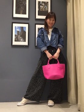 「ドットパンツ」｜「アイテム（デニムジャケット）」を使った、mamiraさん（レディース・156cm）の冬コーディネート