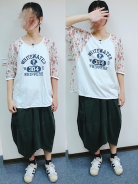 「no brand（ノーブランド）のアイテム（Tシャツ/カットソー、ホワイト系）」を使った、Sasa さん（レディース・170cm）の夏コーディネート