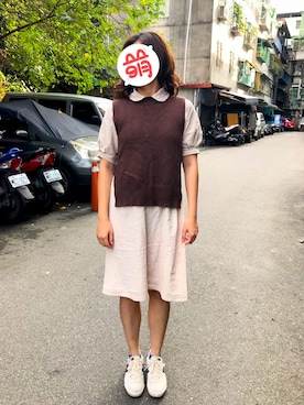 「no brand（ノーブランド）のアイテム（ベスト、ブラウン系）」を使った、Sasa さん（レディース・170cm）の秋コーディネート