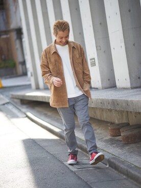 「CIAOPANIC（チャオパニック）のフェイクスウェードビックジャケット（シャツ/ブラウス、ベージュ系）」を使った、Matsuda Koichiさん（メンズ・168cm）の冬コーディネート