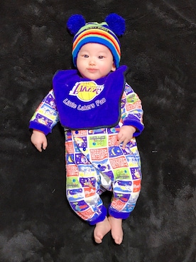 「男の子ベビー」｜「アイテム（ニットキャップ/ビーニー）」を使った、パープルきのこさん（キッズ・60cm）の冬コーディネート