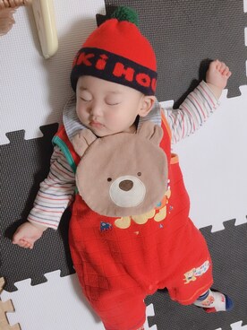 「MIKI HOUSE（ミキハウス）のアイテム（帽子）」を使った、パープルきのこさん（キッズ・70cm）の秋コーディネート
