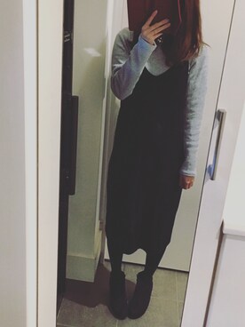 「GU（ジーユー）のアイテム（ワンピース、ブラック系）」を使った、riiiさん（レディース・157cm）の冬コーディネート