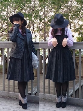 「パープル×黒」｜「アイテム（ライダースジャケット）」を使った、こうめさん（レディース・155cm）の秋コーディネート