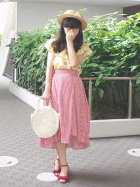 「ストライプスカート」｜「アイテム（その他）」を使った、こうめさん（レディース・155cm）の夏コーディネート