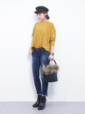 「Ungrid（アングリッド）のインディゴフレイドヘムストスリ（デニムパンツ）」を使った、ayumi  sato さん（レディース・155cm）の冬コーディネート