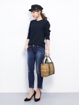 「Ungrid（アングリッド）のインディゴフレイドヘムストスリ（デニムパンツ）」を使った、ayumi  sato さん（レディース・155cm）の春コーディネート