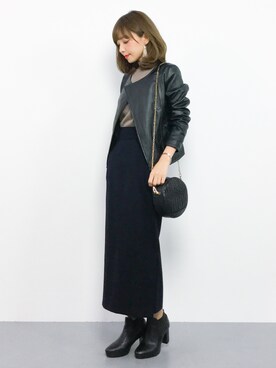 「NATURAL BEAUTY BASIC（ナチュラルビューティーベーシック）のアイテム（ライダースジャケット）」を使った、ayumi  sato さん（レディース・155cm）の秋コーディネート