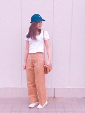 「アイテム（チノパンツ、オレンジ系）」を使った、KURUMIさん（レディース・158cm）の夏コーディネート