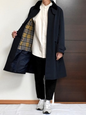 「ノーカラーシャツ」｜「アイテム（ステンカラーコート）」を使った、kaasuke🐾さん（メンズ・180cm）の秋コーディネート