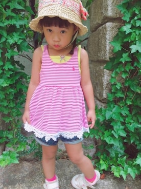 「むぎわら帽子」｜「アイテム（チュニック）」を使った、ottiii//9歳さん（キッズ・100cm）の夏コーディネート