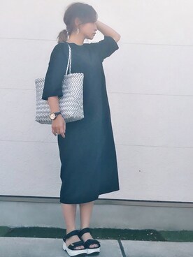 「Chaco closet（チャコ クローゼット）のバルーンスリーブ7分袖ポケット付きミニ裏毛Aラインスウェットワンピース（ワンピース）」を使った、Taiyou（たいよう）さん（レディース・152cm）の夏コーディネート