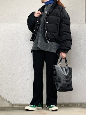 「スリットパンツ」｜「アイテム（ダウンジャケット/コート）」を使った、リカさん（レディース・158cm）の冬コーディネート