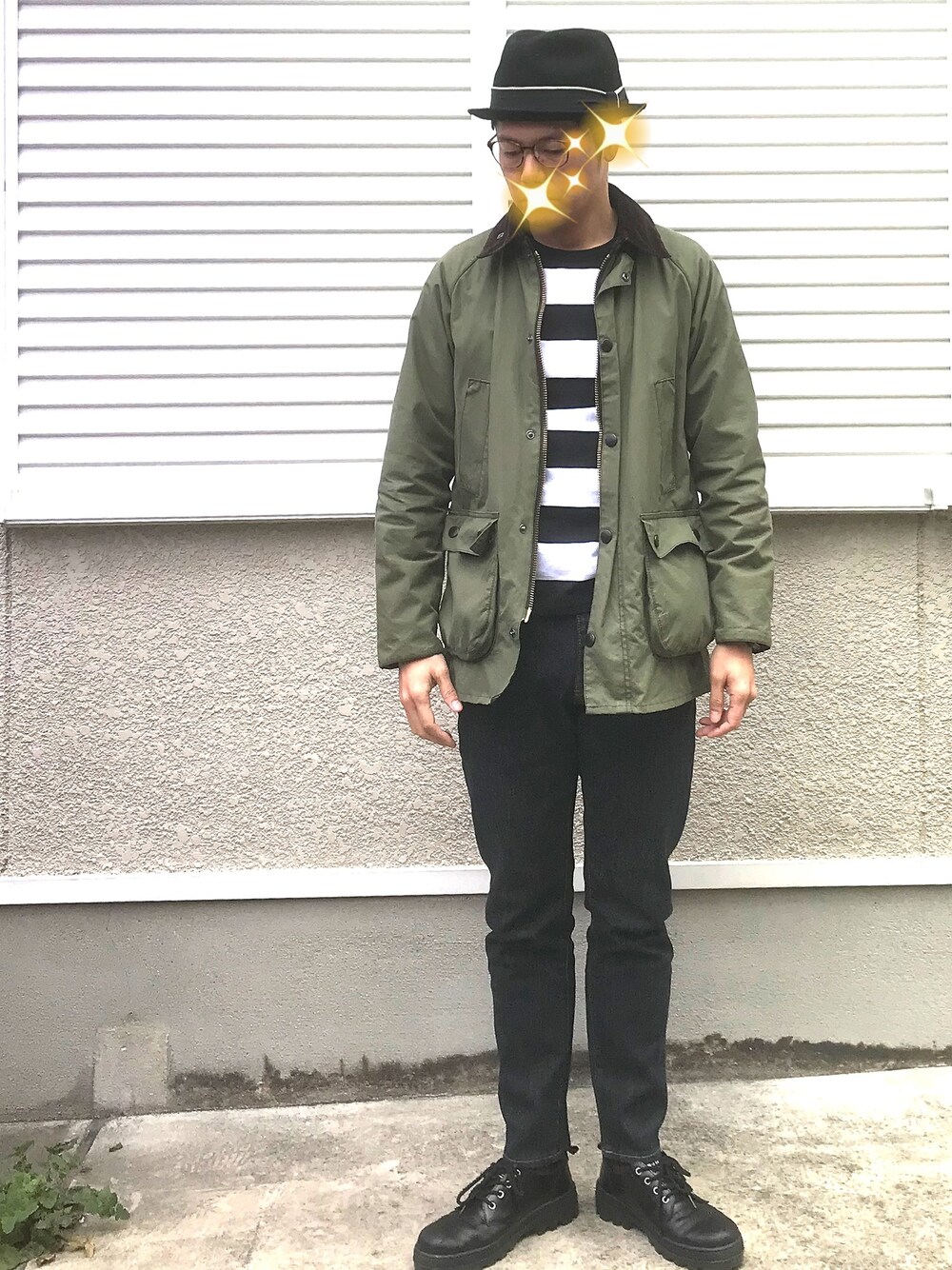 「zozoデニム、ZOZO、お洒落さんとつながりたい、バブアー、休日コーデ、春コーデ、きれいめカジュアル、デニムパンツ、パラディウム」｜「BarbourのBarbour / バブアー : BEDALE SL #（ブルゾン、グリーン系）」を使った、joekoolさん（メンズ・174cm）の冬コーディネートの1枚目の写真