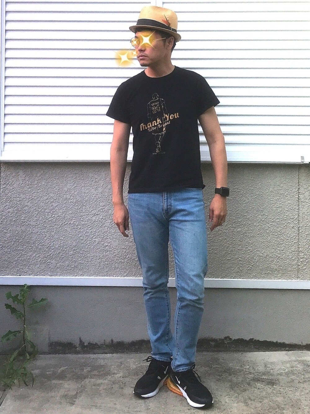「夏コーデ、Tシャツ、zozoデニム、ストリート、スニーカー、エアマックス、シンプル、オトナカジュアル、プチプラコーデ、スキニーデニム」｜「NEW YORK HATのNEW YORK HAT SEWN BRAID TRADITIONAL BAMBOO（ハット、ベージュ系）」を使った、joekoolさん（メンズ・174cm）の夏コーディネートの1枚目の写真