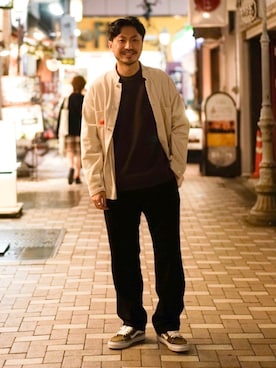 「アイテム（ニット/セーター、ブルー系）」を使った、おがしょーさん（メンズ・177cm）の秋コーディネート