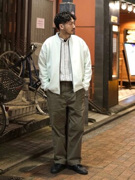 「ノーカラーシャツ」｜「アイテム（ブルゾン）」を使った、おがしょーさん（メンズ・177cm）の冬コーディネート