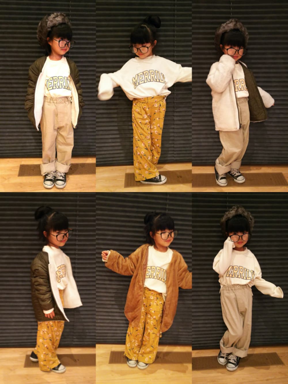 「リバーシブル、ファー、もこもこ、モコモコアウター、スウェット、フライトキャップ、ボア、コーデュロイ、ワイドパンツ、花柄」｜「Birthdayのアイテム（その他パンツ、イエロー系）」を使った、sakuさん（キッズ・100cm）の秋コーディネートの1枚目の写真