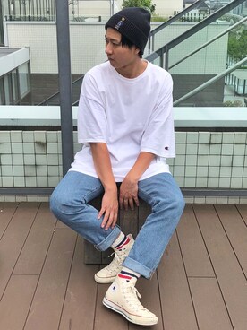 「Champion（チャンピオン）の【champion】 チャンピオン コットン 無地 ビッグシルエット 半袖Tシャツ（Tシャツ/カットソー、ホワイト系）」を使った、あるとさん（メンズ・180cm）の夏コーディネート