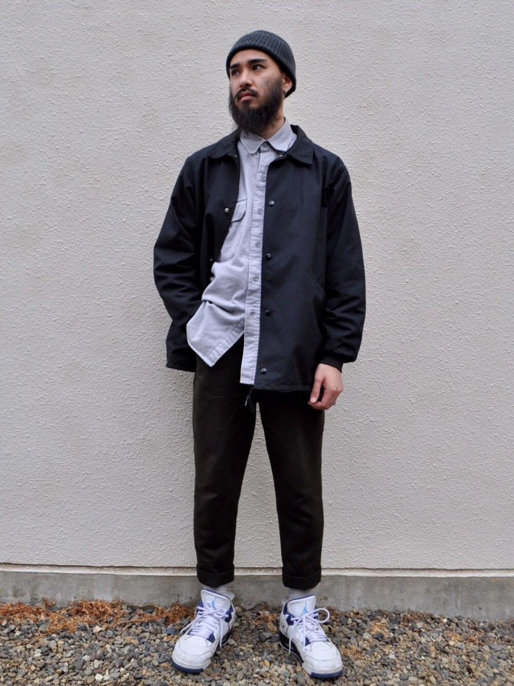 「古着、ブルゾン、スニーカー、ストリート、スラックス、APC、AIR JORDAN、春夏コーデ、クロムハーツ、おしゃれさんと繋がりたい」｜「VINTAGEのvintage shirt（シャツ/ブラウス、グレー系）」を使った、polarnightlibraryさん（メンズ・174cm）の春コーディネートの1枚目の写真