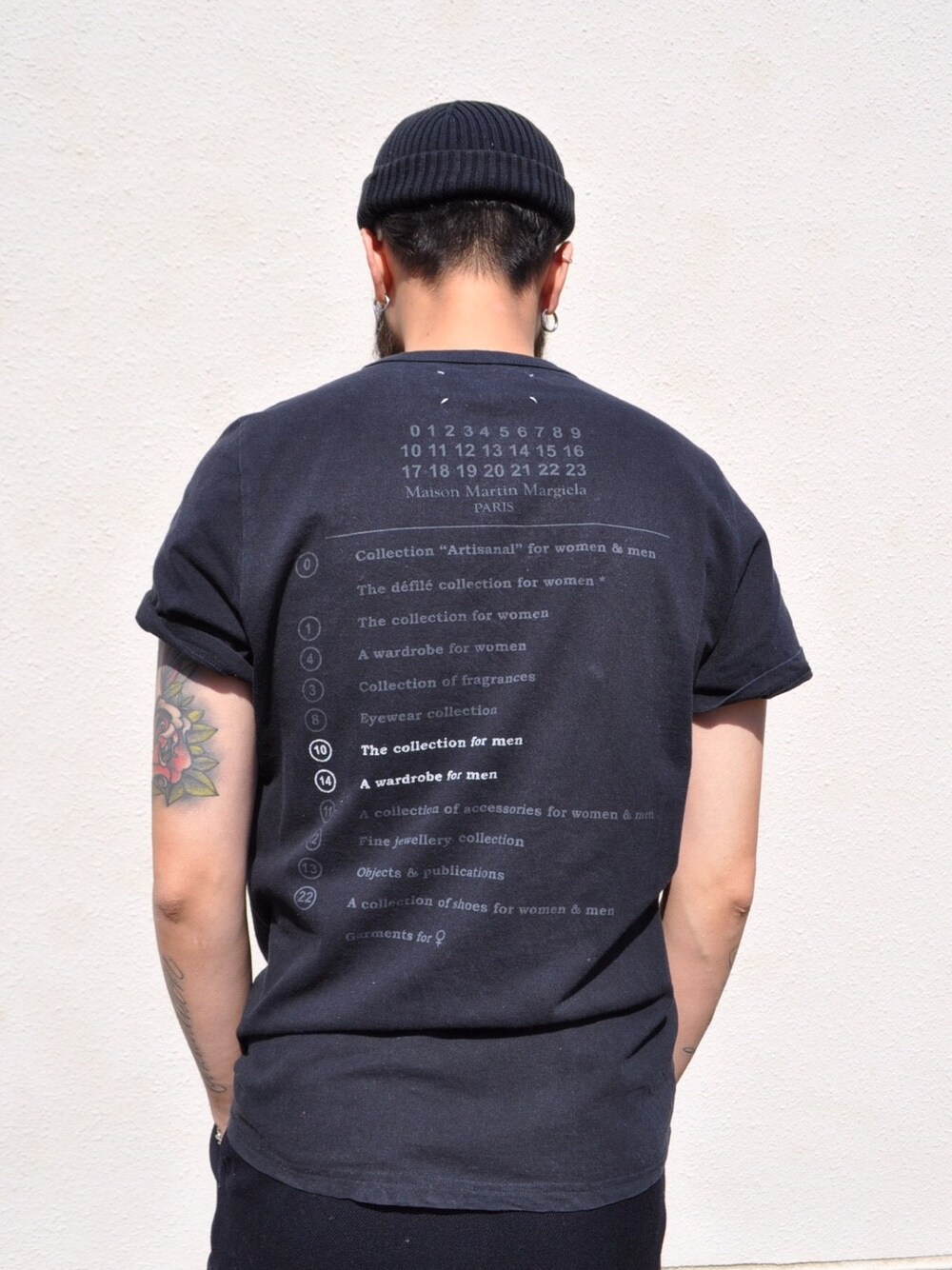 「古着、Tシャツ、ニットキャップ、ストリート、プリントT、ootd、春コーデ、Martin Margiela、amialexandremattiussi、おしゃれさんと繋がりたい」｜「margiela T-shirt（Tシャツ/カットソー、ブラック系）」を使った、polarnightlibraryさん（メンズ・174cm）の春コーディネートの1枚目の写真