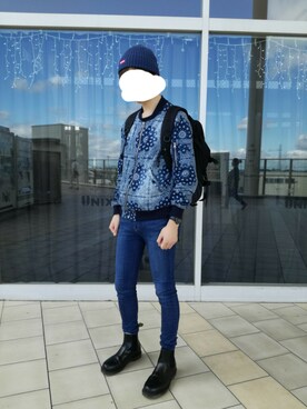 「Supreme （シュプリーム）のアイテム（ニットキャップ/ビーニー、ブルー系）」を使った、ながさん（メンズ・180cm）の秋コーディネート