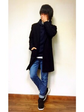 「ドラフトリーバイス」｜「アイテム（チェスターコート）」を使った、あしゅんさん（メンズ・172cm）の冬コーディネート