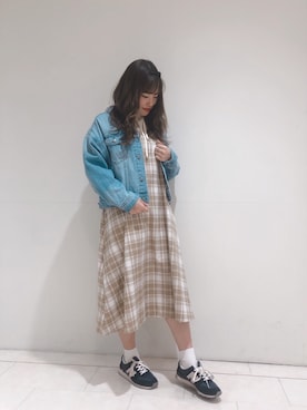 「チェックワンピース」｜「アイテム（デニムジャケット）」を使った、kana❤︎❤︎❤︎さん（レディース・156cm）の冬コーディネート