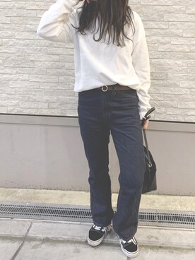 「GU（ジーユー）の（GU）スウェットプルオーバー（長袖）（トップス、ホワイト系）」を使った、pyon＊さん（レディース・153cm）の春コーディネート