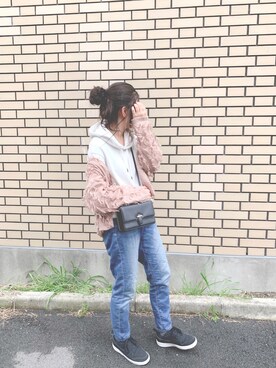 「mysty woman（ミスティウーマン）のカットオフループニットカーディガン（カーディガン/ボレロ、ピンク系）」を使った、pyon＊さん（レディース・153cm）の春コーディネート